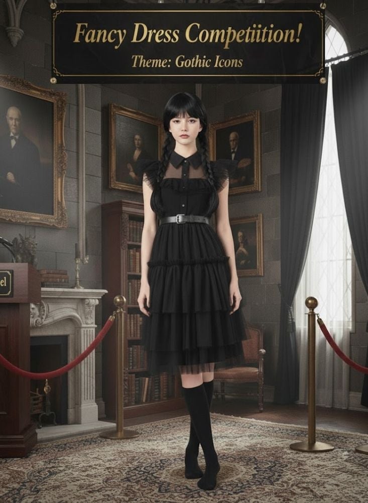 بريميم زي تنكري مستوحى من شخصية وينزداي آدامز، فستان أسود مع شعر مستعار مضفر ويد صناعية - زي تنكري قوطي للفتيات - Image 5